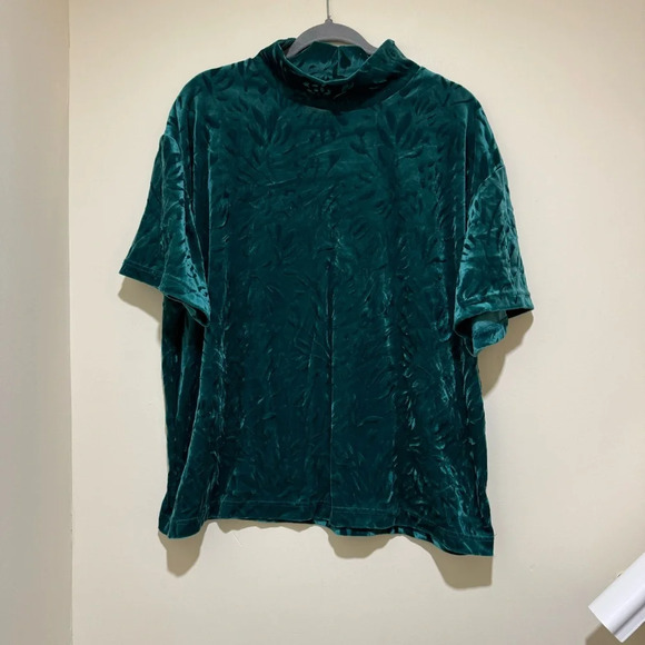 Women’s Plus Vintage Green Leaf Print Velvet Floral Hugh Neck Short Sleeve Top - Picture 1 of 11